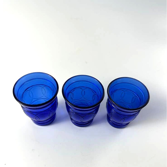 Hazel Atlas Ring O Rings Blue Shot Juice Cordial Glasses Tumblers - Picture 2 of 10